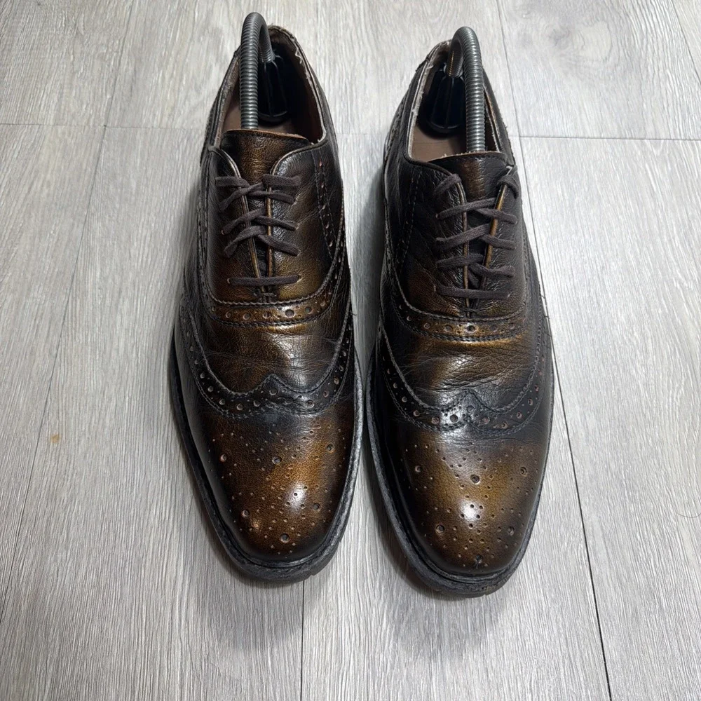 Mens Wingtip Dress Shoes Oxfords‎ Metallic Bronze Unique RED Saks Fifth Ave 10.5